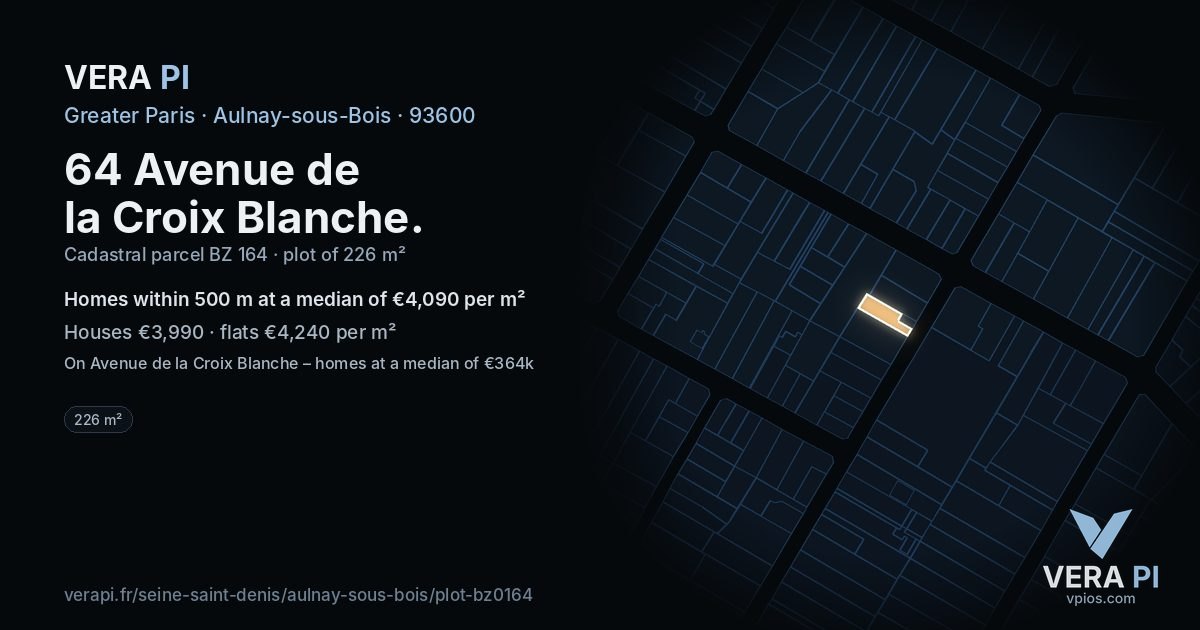 64 Avenue de la Croix Blanche, Aulnay-sous-Bois at night – the plot lit, the parcels around coloured by the prices near them