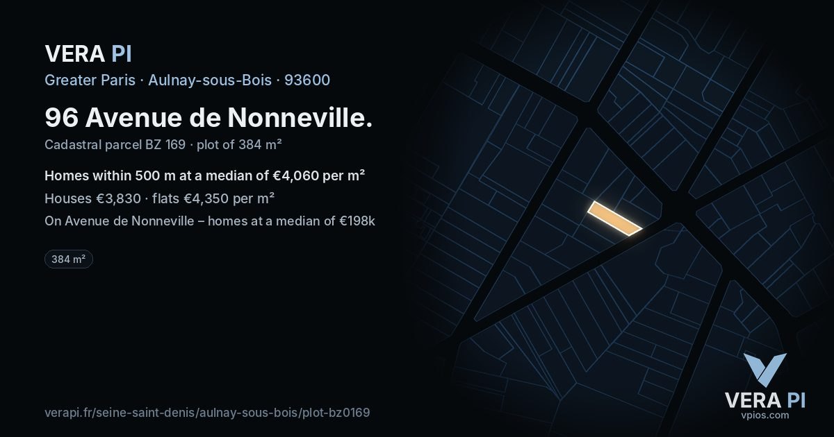 96 Avenue de Nonneville, Aulnay-sous-Bois at night – the plot lit, the parcels around coloured by the prices near them