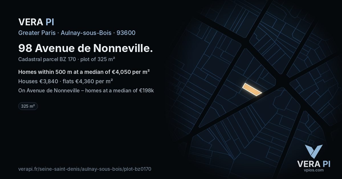 98 Avenue de Nonneville, Aulnay-sous-Bois at night – the plot lit, the parcels around coloured by the prices near them