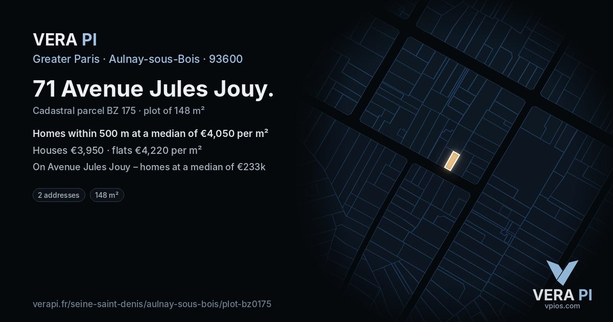 71 Avenue Jules Jouy, Aulnay-sous-Bois at night – the plot lit, the parcels around coloured by the prices near them