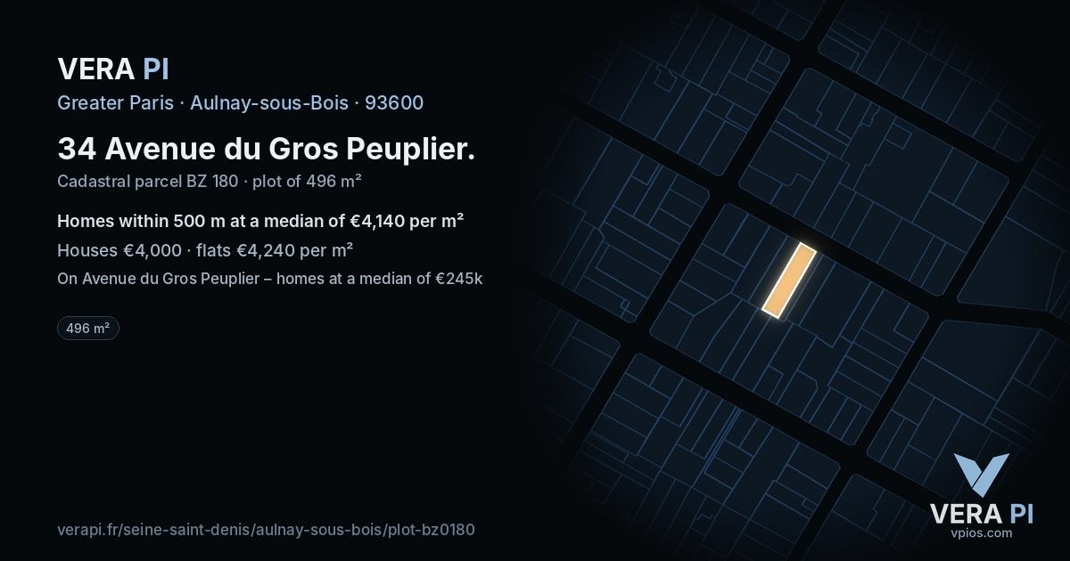 34 Avenue du Gros Peuplier, Aulnay-sous-Bois at night – the plot lit, the parcels around coloured by the prices near them