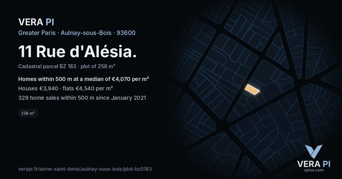 11 Rue d'Alésia, Aulnay-sous-Bois at night – the plot lit, the parcels around coloured by the prices near them