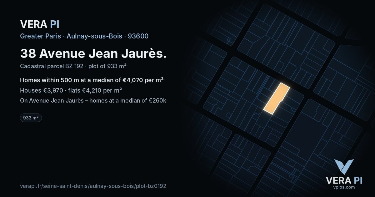 38 Avenue Jean Jaurès, Aulnay-sous-Bois at night – the plot lit, the parcels around coloured by the prices near them