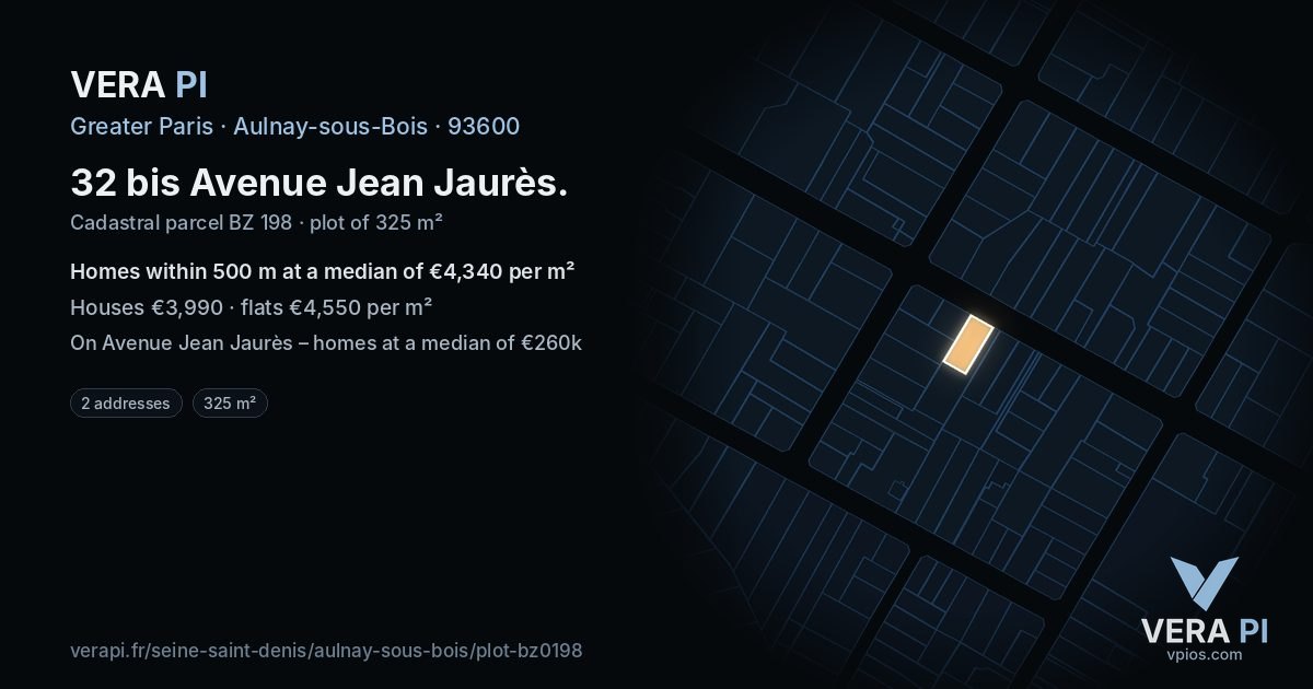 32 bis Avenue Jean Jaurès, Aulnay-sous-Bois at night – the plot lit, the parcels around coloured by the prices near them