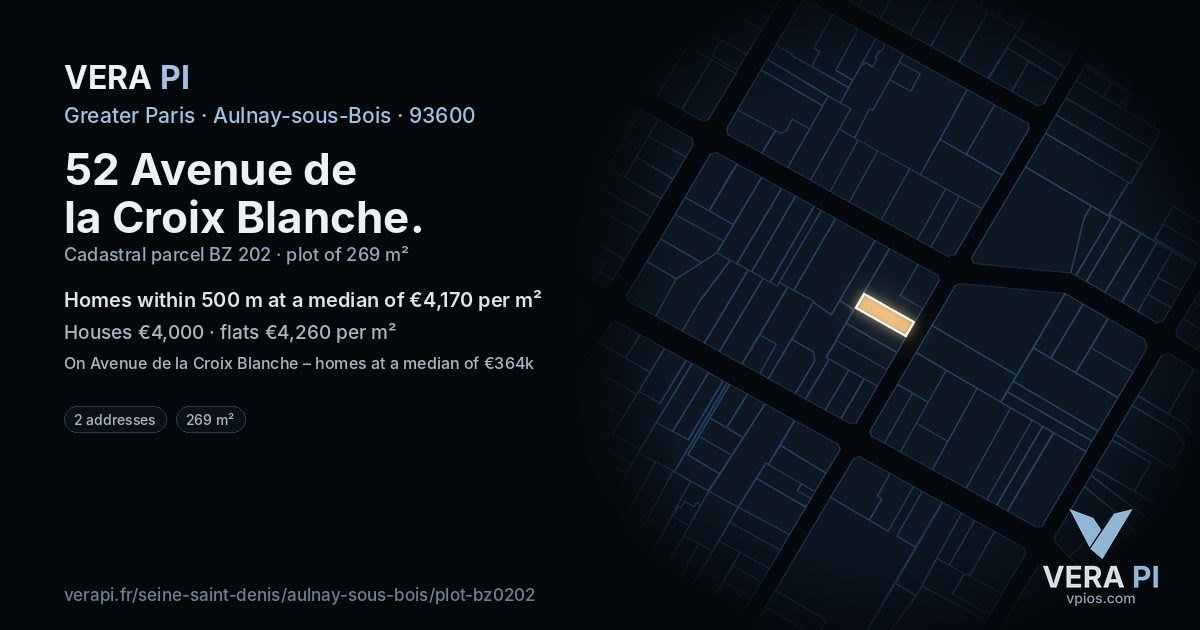 52 Avenue de la Croix Blanche, Aulnay-sous-Bois at night – the plot lit, the parcels around coloured by the prices near them