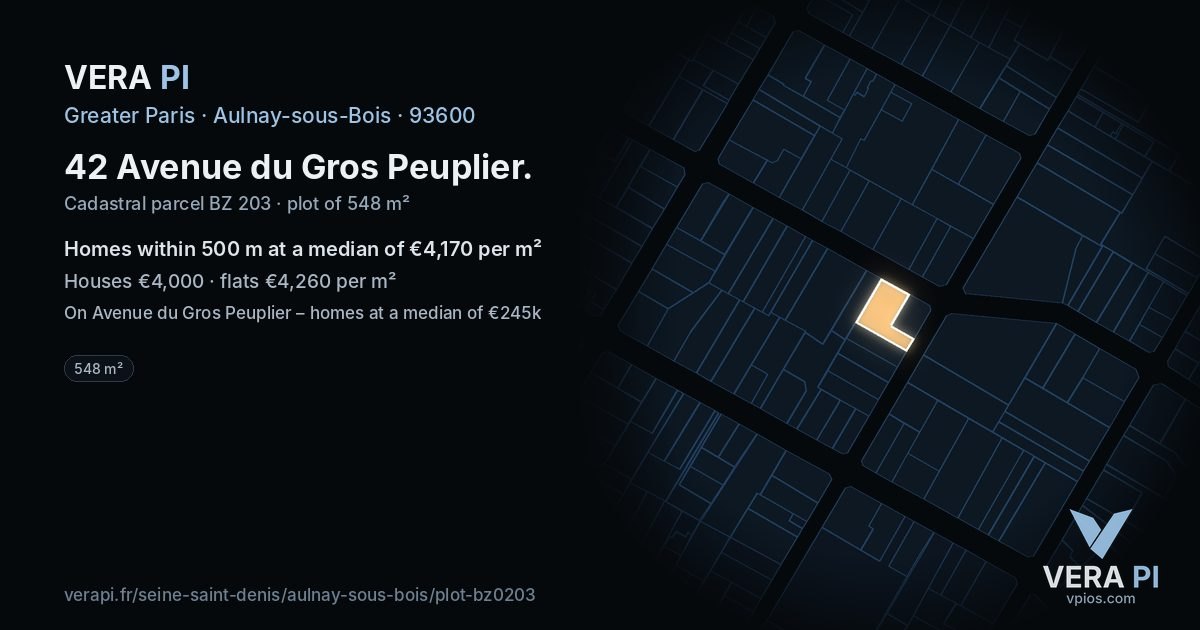 42 Avenue du Gros Peuplier, Aulnay-sous-Bois at night – the plot lit, the parcels around coloured by the prices near them
