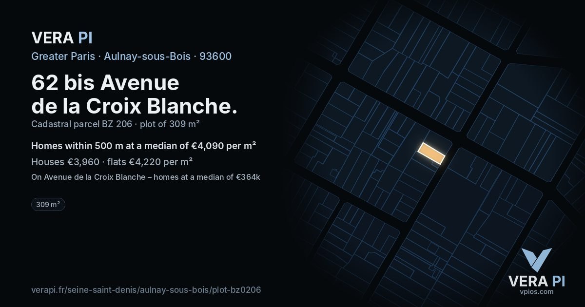 62 bis Avenue de la Croix Blanche, Aulnay-sous-Bois at night – the plot lit, the parcels around coloured by the prices near them