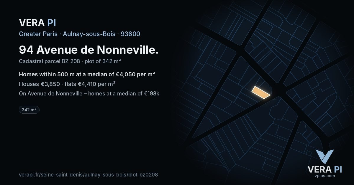 94 Avenue de Nonneville, Aulnay-sous-Bois at night – the plot lit, the parcels around coloured by the prices near them
