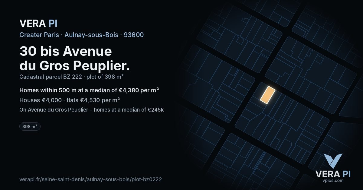 30 bis Avenue du Gros Peuplier, Aulnay-sous-Bois at night – the plot lit, the parcels around coloured by the prices near them