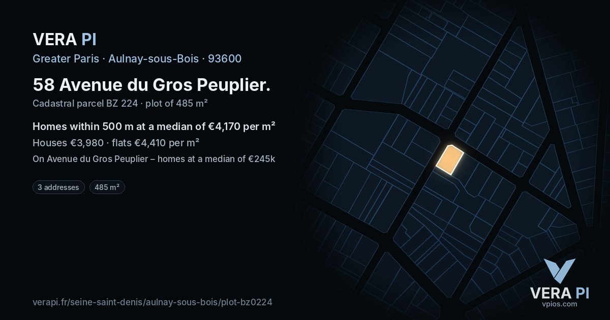 58 Avenue du Gros Peuplier, Aulnay-sous-Bois at night – the plot lit, the parcels around coloured by the prices near them