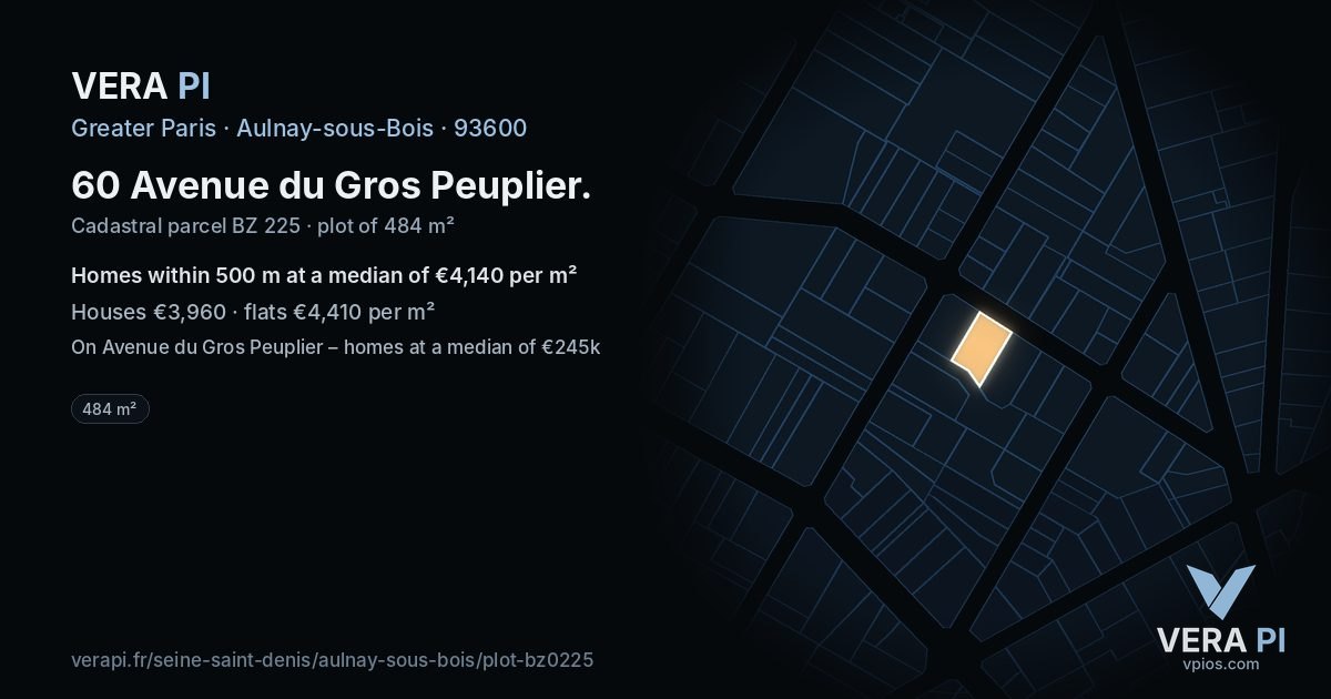 60 Avenue du Gros Peuplier, Aulnay-sous-Bois at night – the plot lit, the parcels around coloured by the prices near them