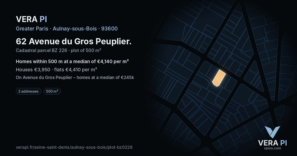 62 Avenue du Gros Peuplier, Aulnay-sous-Bois at night – the plot lit, the parcels around coloured by the prices near them