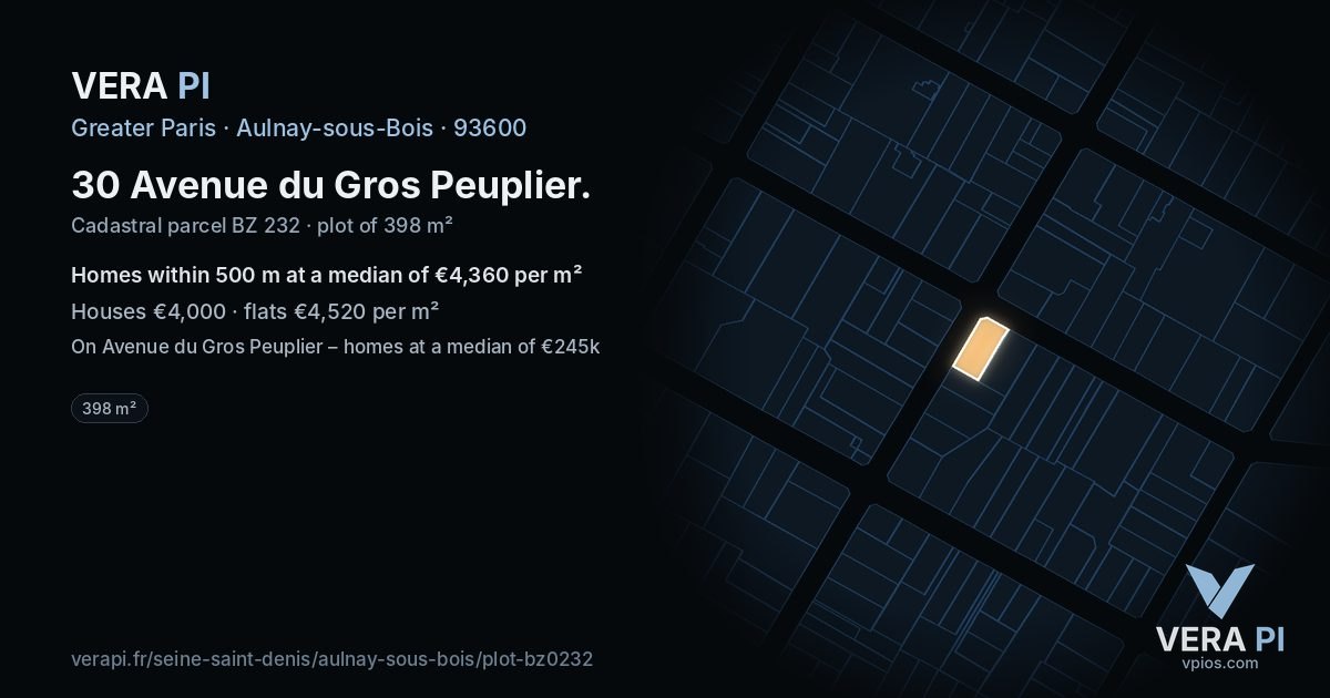 30 Avenue du Gros Peuplier, Aulnay-sous-Bois at night – the plot lit, the parcels around coloured by the prices near them