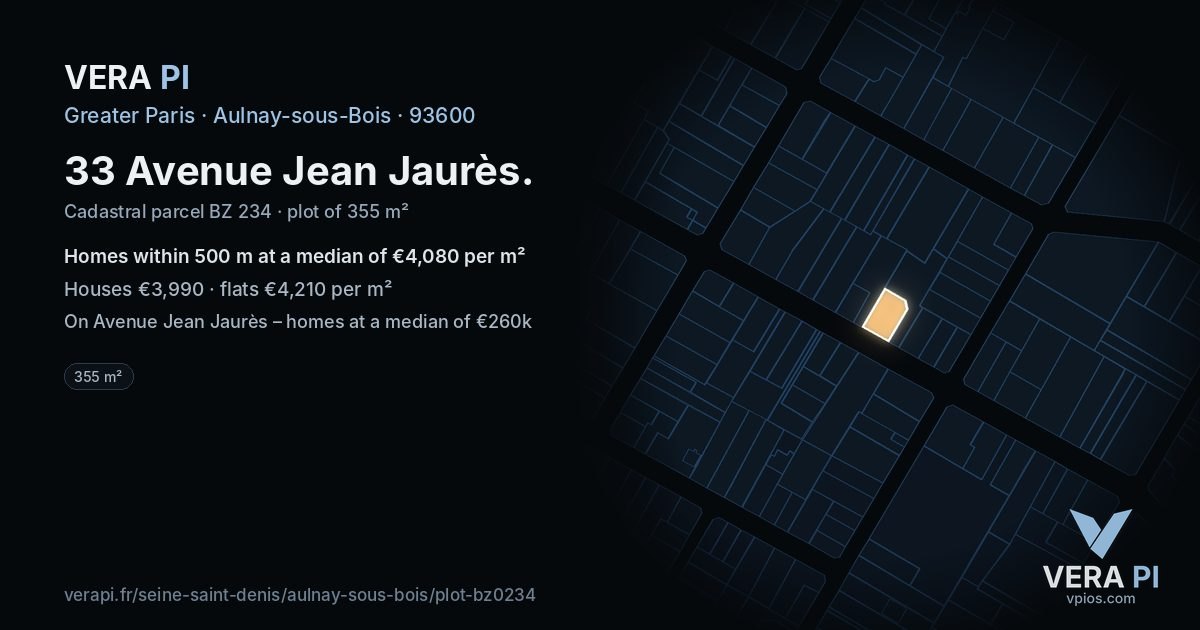 33 Avenue Jean Jaurès, Aulnay-sous-Bois at night – the plot lit, the parcels around coloured by the prices near them