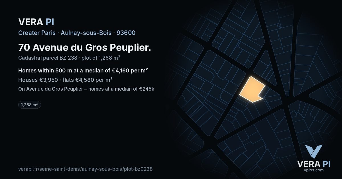 70 Avenue du Gros Peuplier, Aulnay-sous-Bois at night – the plot lit, the parcels around coloured by the prices near them
