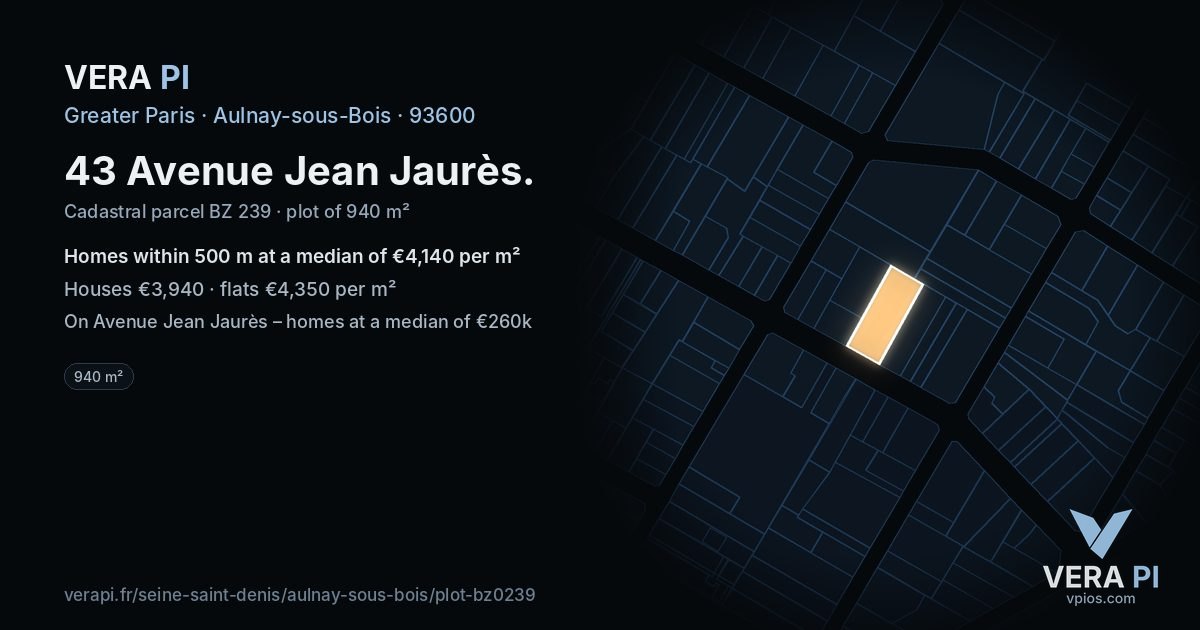 43 Avenue Jean Jaurès, Aulnay-sous-Bois at night – the plot lit, the parcels around coloured by the prices near them