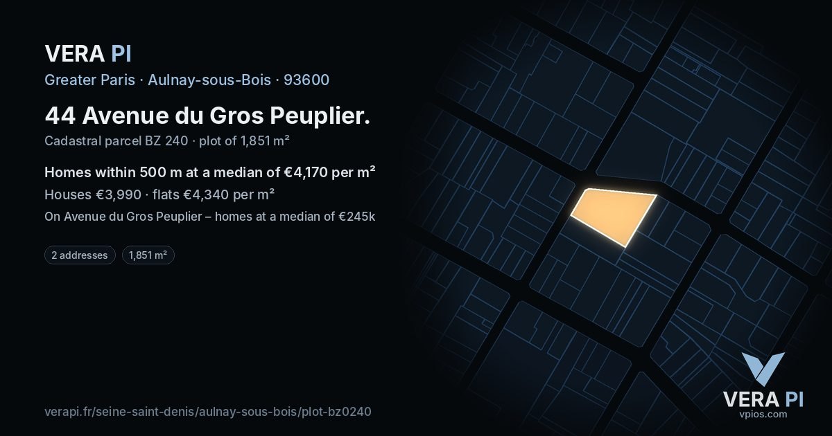 44 Avenue du Gros Peuplier, Aulnay-sous-Bois at night – the plot lit, the parcels around coloured by the prices near them