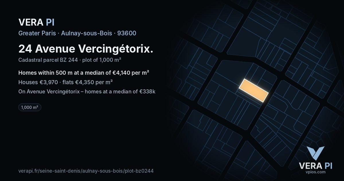 24 Avenue Vercingétorix, Aulnay-sous-Bois at night – the plot lit, the parcels around coloured by the prices near them