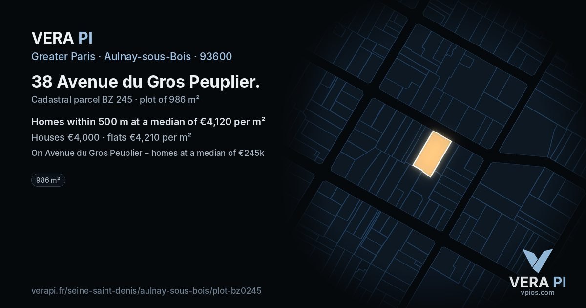 38 Avenue du Gros Peuplier, Aulnay-sous-Bois at night – the plot lit, the parcels around coloured by the prices near them