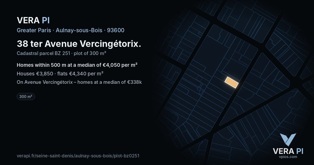 38 ter Avenue Vercingétorix, Aulnay-sous-Bois at night – the plot lit, the parcels around coloured by the prices near them