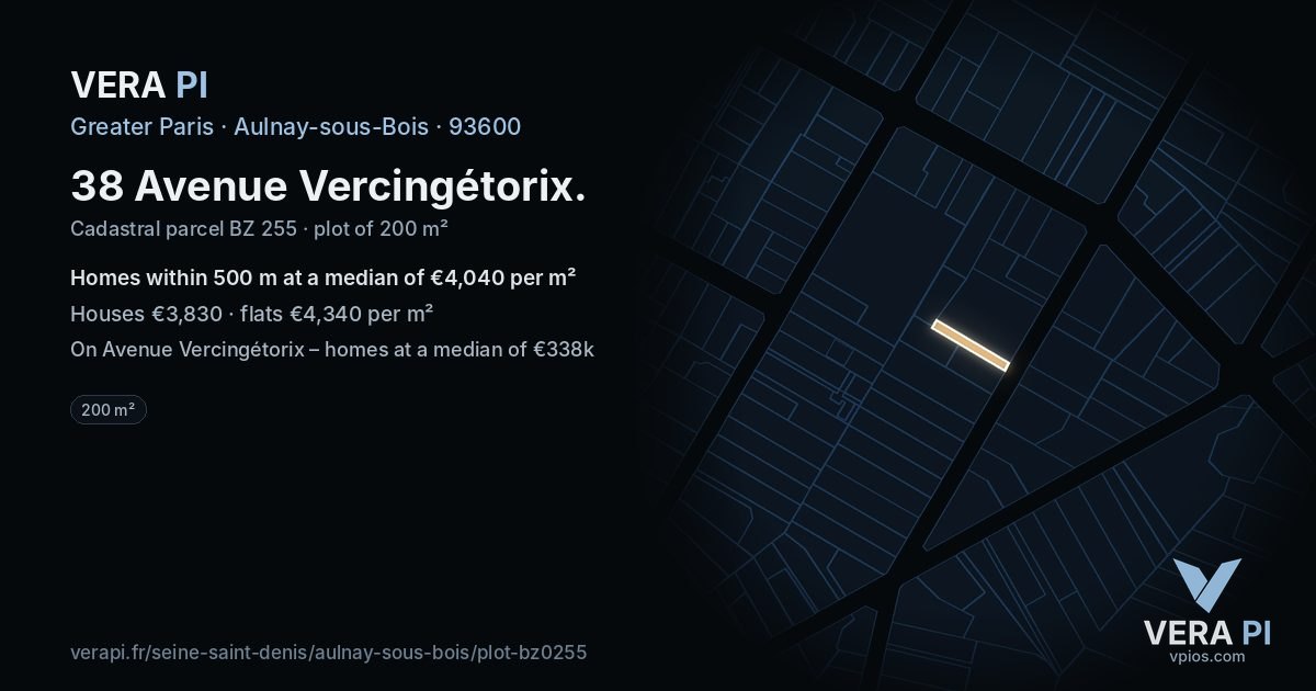 38 Avenue Vercingétorix, Aulnay-sous-Bois at night – the plot lit, the parcels around coloured by the prices near them
