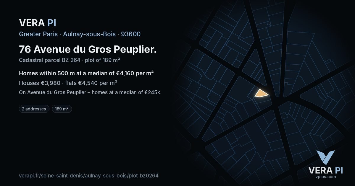 76 Avenue du Gros Peuplier, Aulnay-sous-Bois at night – the plot lit, the parcels around coloured by the prices near them