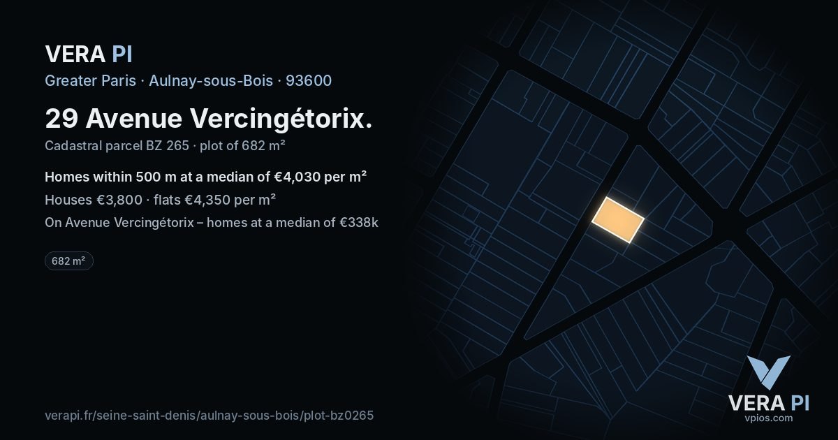 29 Avenue Vercingétorix, Aulnay-sous-Bois at night – the plot lit, the parcels around coloured by the prices near them