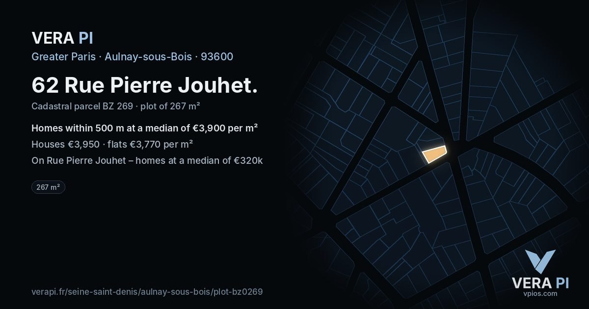 62 Rue Pierre Jouhet, Aulnay-sous-Bois at night – the plot lit, the parcels around coloured by the prices near them