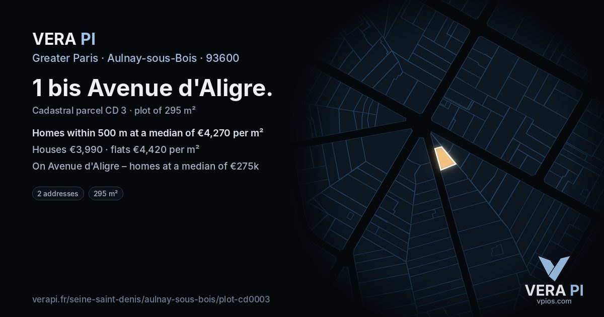 1 bis Avenue d'Aligre, Aulnay-sous-Bois at night – the plot lit, the parcels around coloured by the prices near them