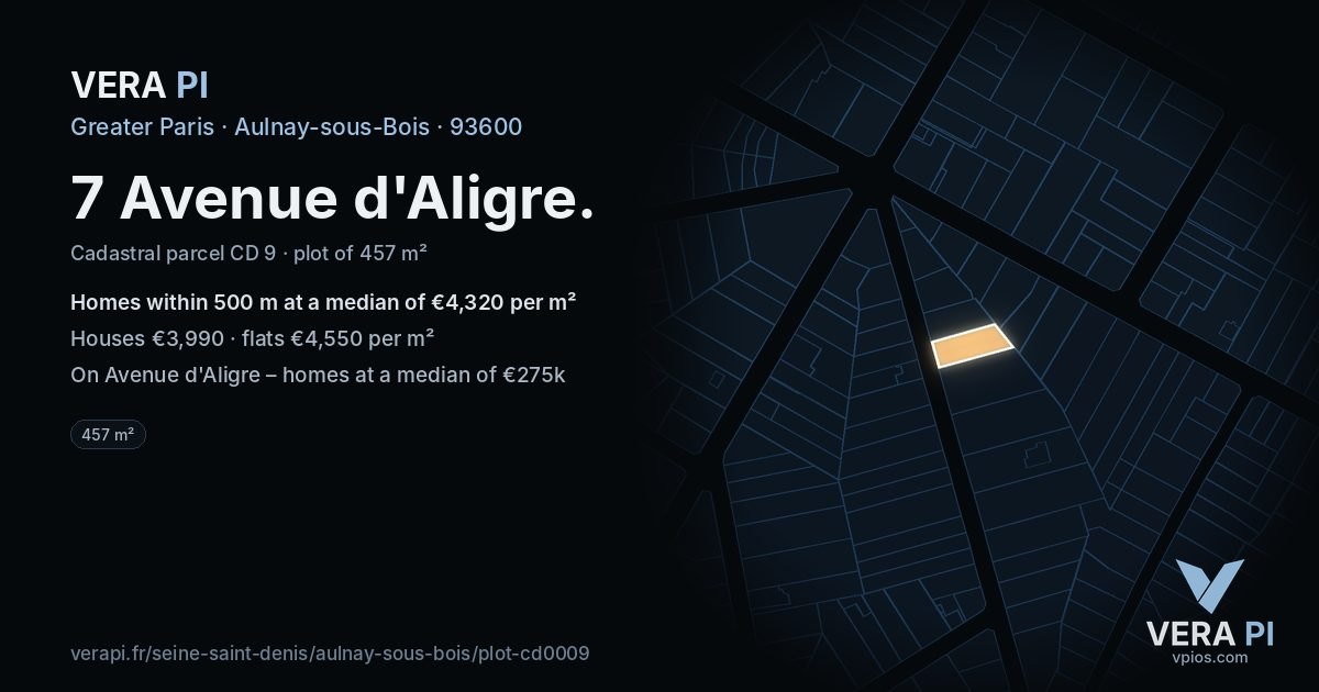 7 Avenue d'Aligre, Aulnay-sous-Bois at night – the plot lit, the parcels around coloured by the prices near them