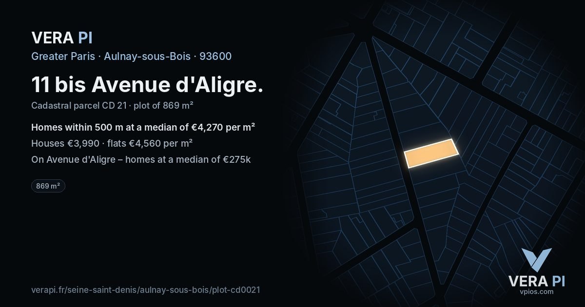11 bis Avenue d'Aligre, Aulnay-sous-Bois at night – the plot lit, the parcels around coloured by the prices near them