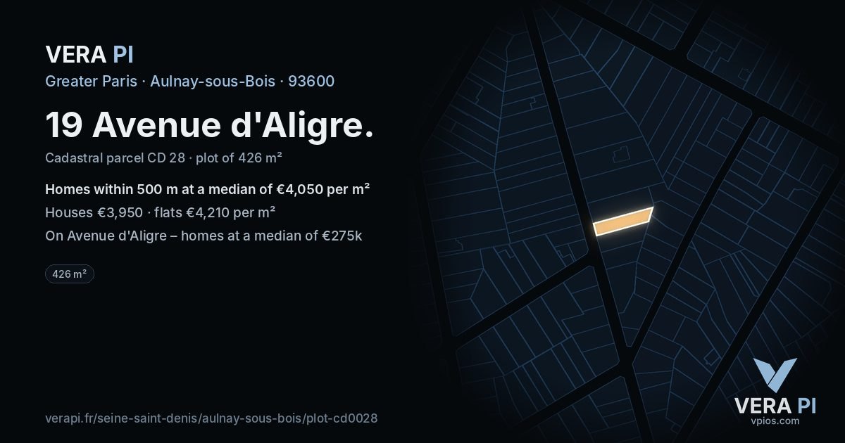 19 Avenue d'Aligre, Aulnay-sous-Bois at night – the plot lit, the parcels around coloured by the prices near them