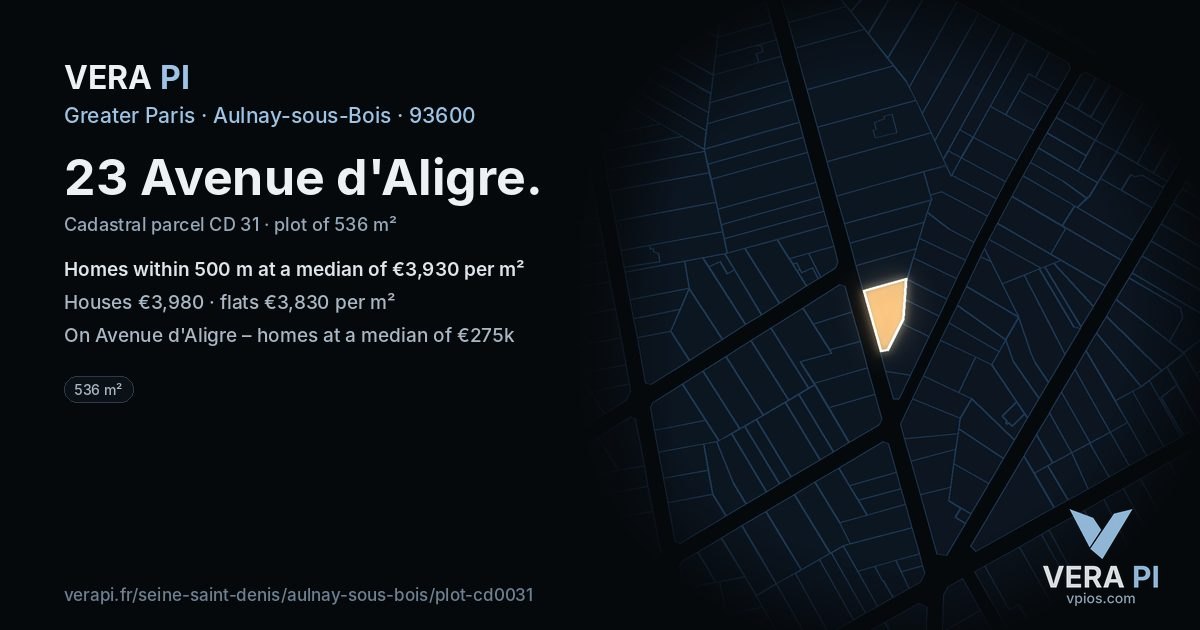 23 Avenue d'Aligre, Aulnay-sous-Bois at night – the plot lit, the parcels around coloured by the prices near them