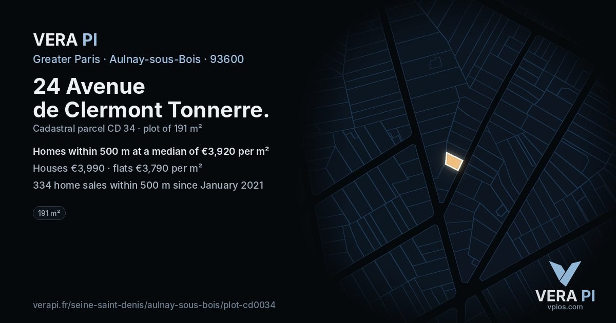 24 Avenue de Clermont Tonnerre, Aulnay-sous-Bois at night – the plot lit, the parcels around coloured by the prices near them