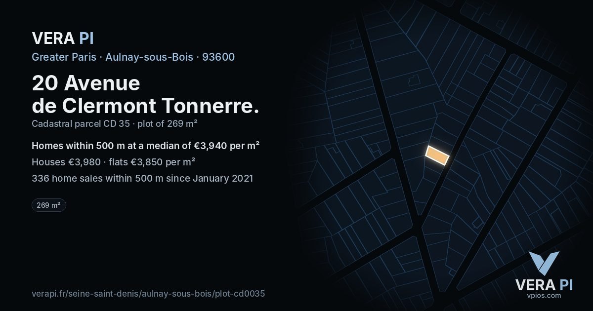 20 Avenue de Clermont Tonnerre, Aulnay-sous-Bois at night – the plot lit, the parcels around coloured by the prices near them