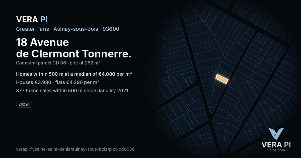 18 Avenue de Clermont Tonnerre, Aulnay-sous-Bois at night – the plot lit, the parcels around coloured by the prices near them