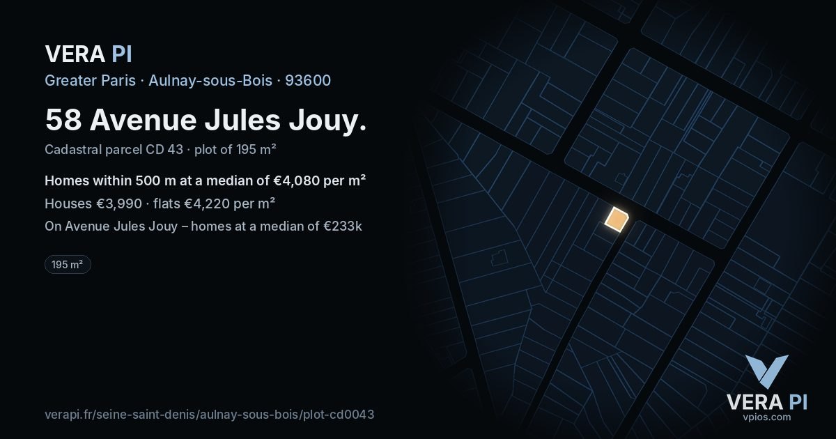 58 Avenue Jules Jouy, Aulnay-sous-Bois at night – the plot lit, the parcels around coloured by the prices near them