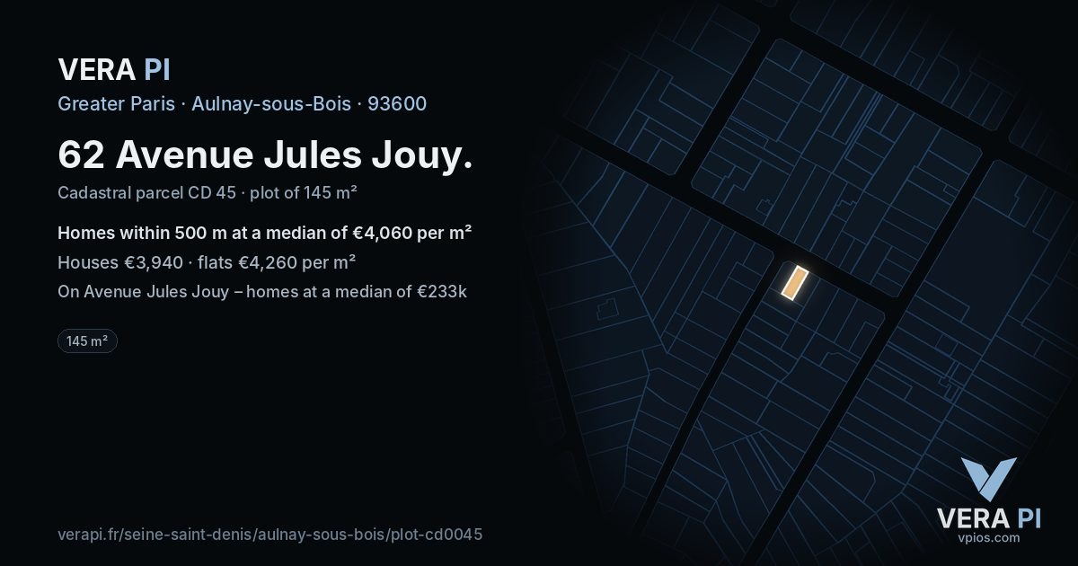 62 Avenue Jules Jouy, Aulnay-sous-Bois at night – the plot lit, the parcels around coloured by the prices near them