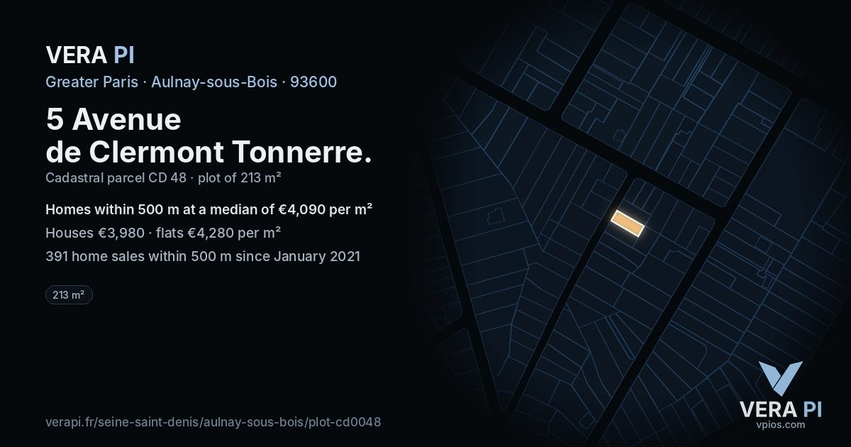 5 Avenue de Clermont Tonnerre, Aulnay-sous-Bois at night – the plot lit, the parcels around coloured by the prices near them