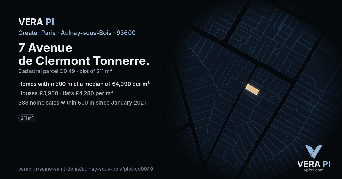 7 Avenue de Clermont Tonnerre, Aulnay-sous-Bois at night – the plot lit, the parcels around coloured by the prices near them