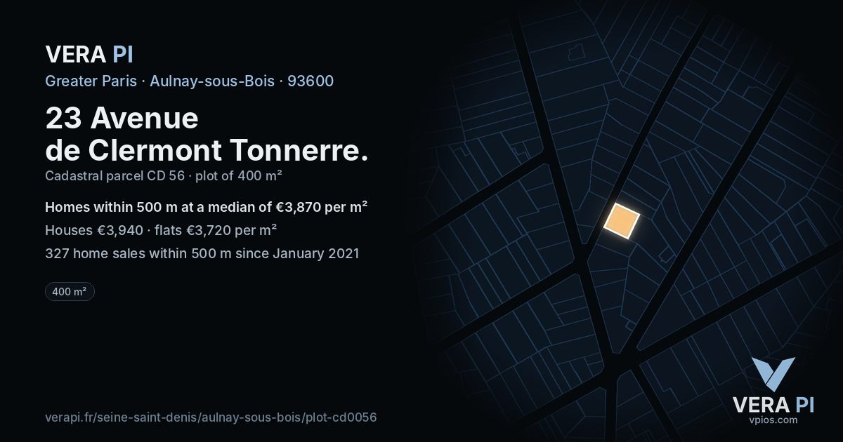 23 Avenue de Clermont Tonnerre, Aulnay-sous-Bois at night – the plot lit, the parcels around coloured by the prices near them