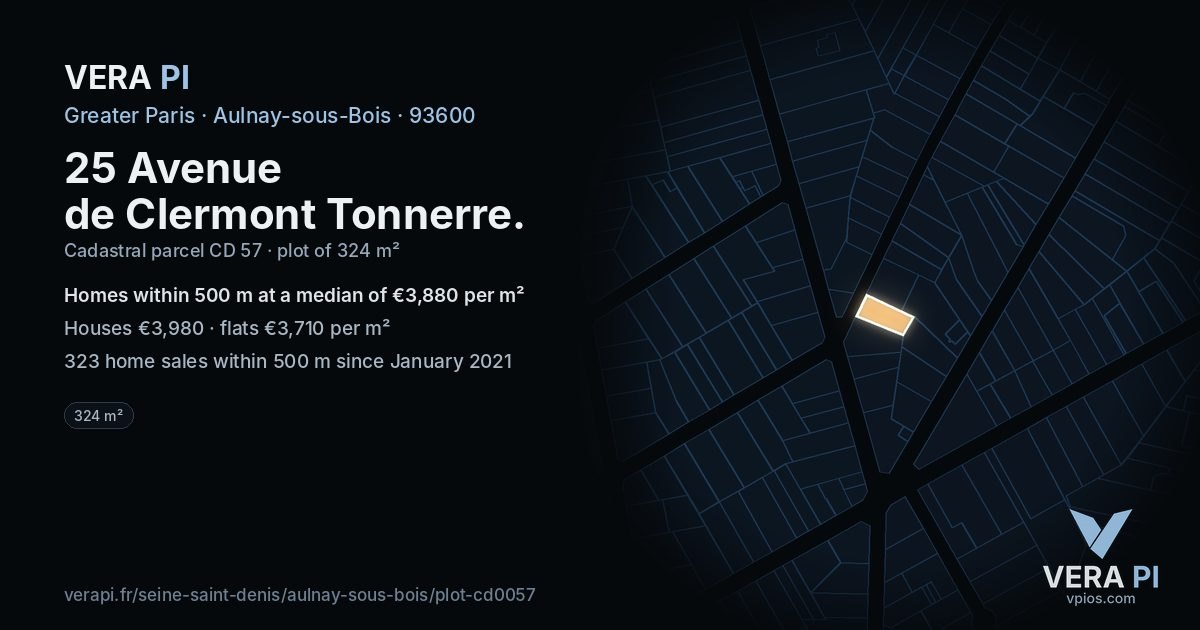 25 Avenue de Clermont Tonnerre, Aulnay-sous-Bois at night – the plot lit, the parcels around coloured by the prices near them