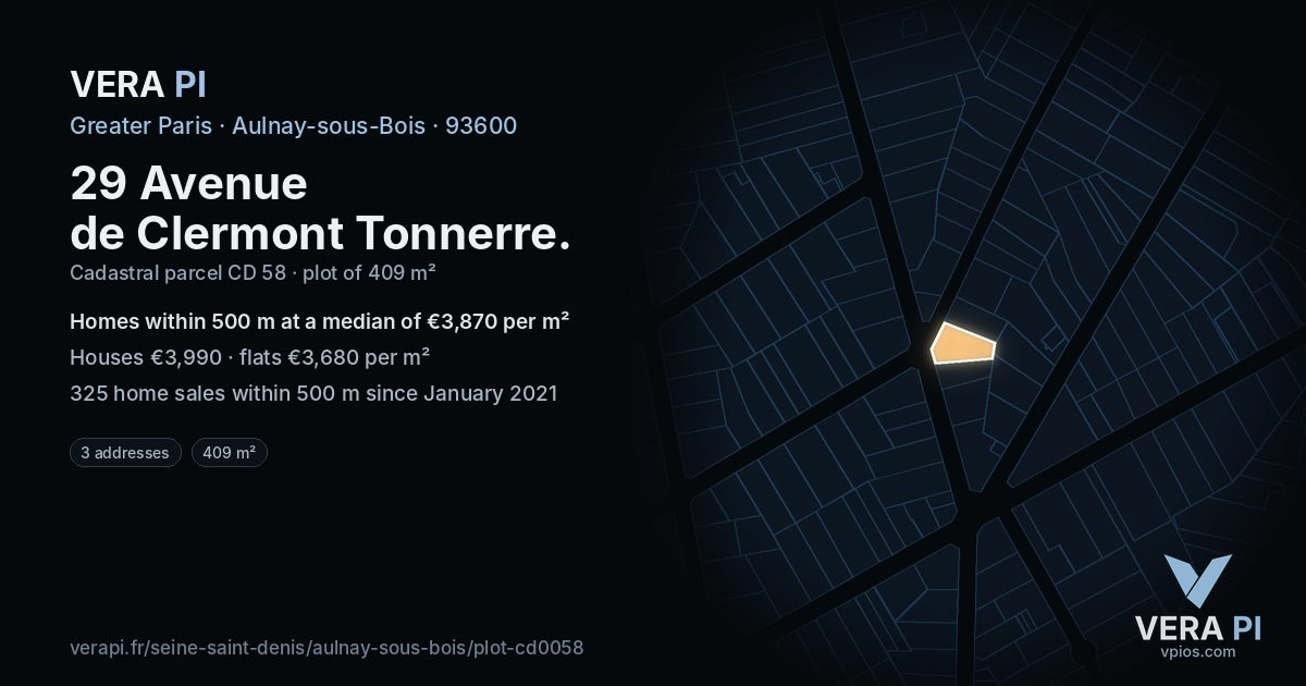 29 Avenue de Clermont Tonnerre, Aulnay-sous-Bois at night – the plot lit, the parcels around coloured by the prices near them
