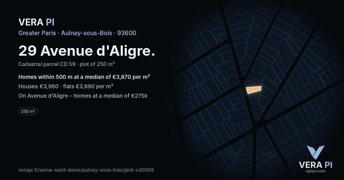 29 Avenue d'Aligre, Aulnay-sous-Bois at night – the plot lit, the parcels around coloured by the prices near them