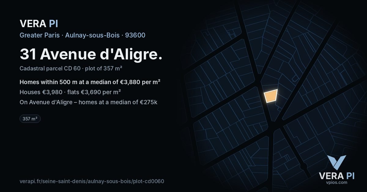 31 Avenue d'Aligre, Aulnay-sous-Bois at night – the plot lit, the parcels around coloured by the prices near them