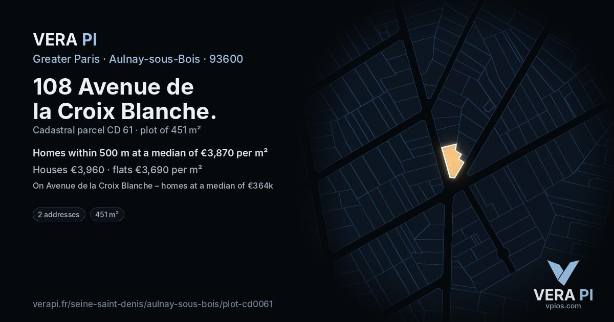 108 Avenue de la Croix Blanche, Aulnay-sous-Bois at night – the plot lit, the parcels around coloured by the prices near them