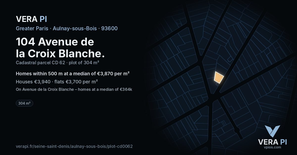 104 Avenue de la Croix Blanche, Aulnay-sous-Bois at night – the plot lit, the parcels around coloured by the prices near them