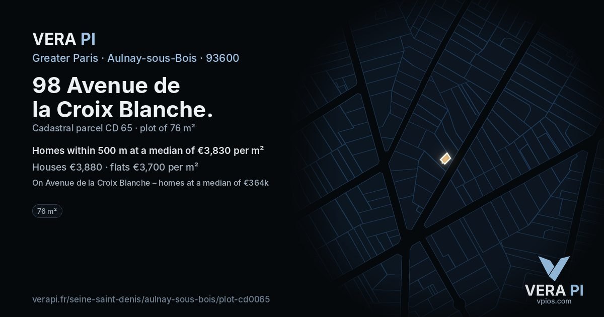 98 Avenue de la Croix Blanche, Aulnay-sous-Bois at night – the plot lit, the parcels around coloured by the prices near them