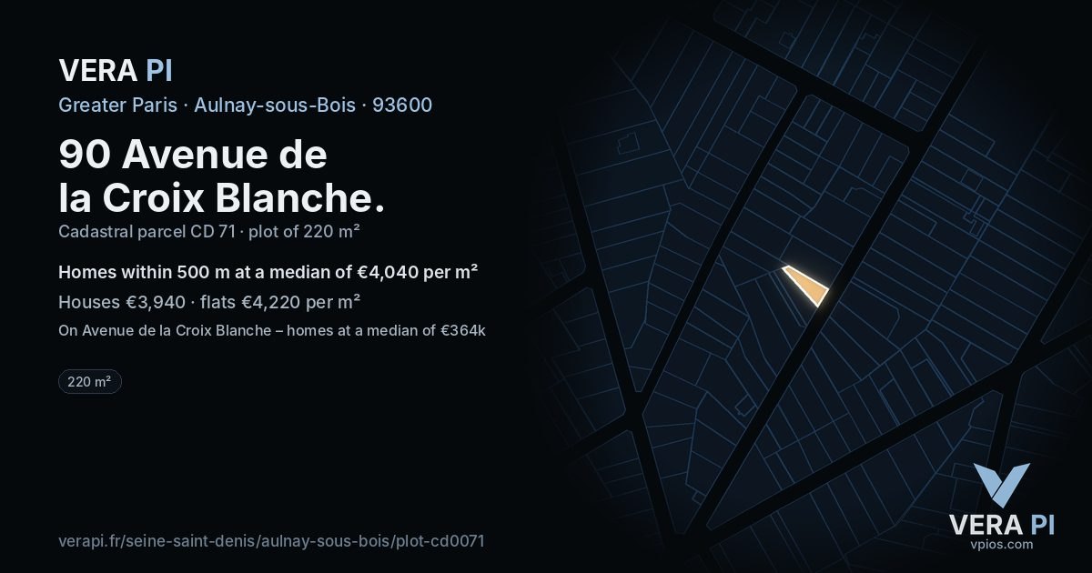 90 Avenue de la Croix Blanche, Aulnay-sous-Bois at night – the plot lit, the parcels around coloured by the prices near them