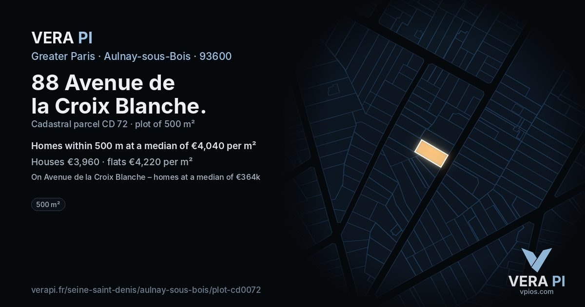 88 Avenue de la Croix Blanche, Aulnay-sous-Bois at night – the plot lit, the parcels around coloured by the prices near them